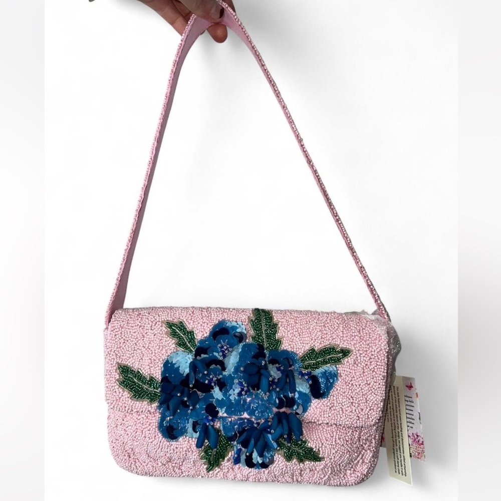 NWT Baby Pink Blue Hydrangea Floral Beaded Shoulder Bag Made in India